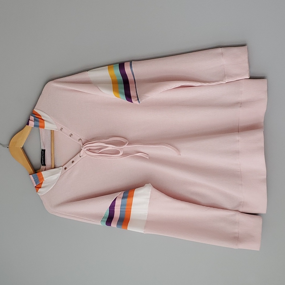 Romantic Hut Pink Striped Long Sleeve Hooded Thermal Lace Up Top Womens Large